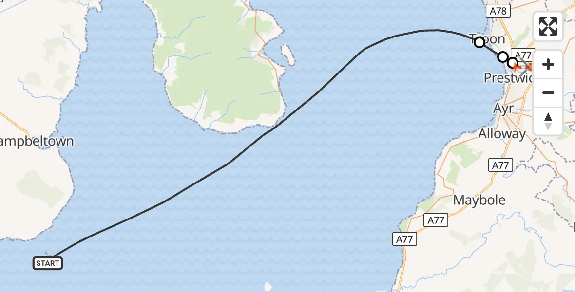 Flight path map showing Coastguard Helicopter route from Inner Seas to Glasgow Prestwick Airport