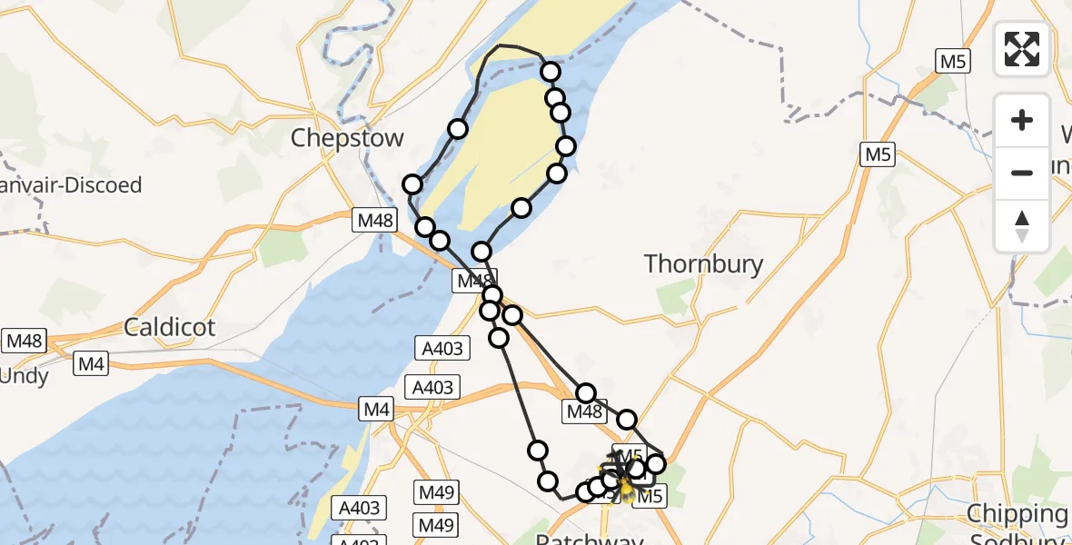 Flight path map showing Police Helicopter route from Almondsbury Helicopter Base to Almondsbury Helicopter Base