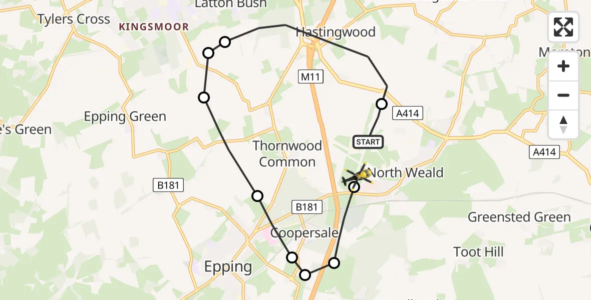 Flight path map showing Police Helicopter route from North Weald Airfield to North Weald Airfield