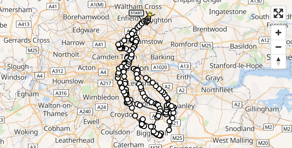 Routekaart van de vlucht: Police Helicopter to Sewardstonebury, Bury Road