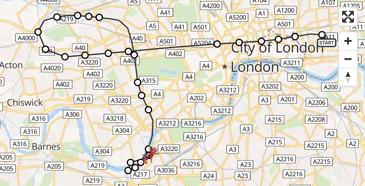 Flight path map showing Air Ambulance Helicopter route from Royal London Hospital to London Heliport