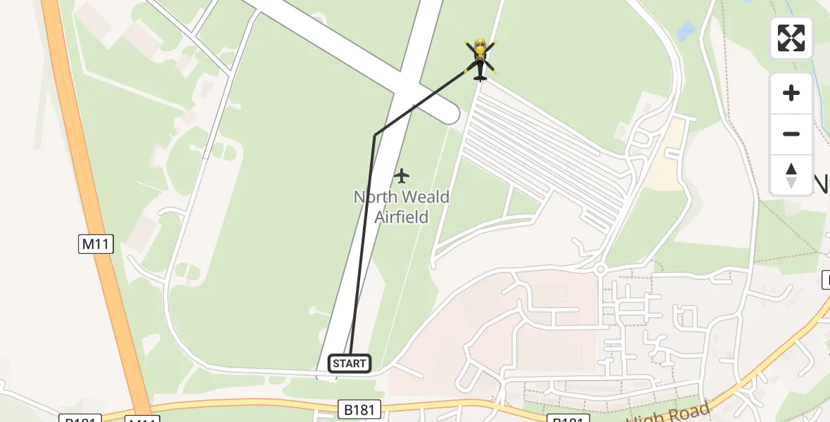 Flight path map showing Police Helicopter route from North Weald Airfield to North Weald Airfield