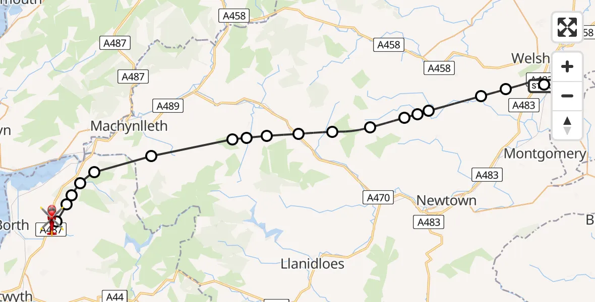 Flight path map showing Air Ambulance Helicopter route from Welshpool Airport to Tal-y-bont