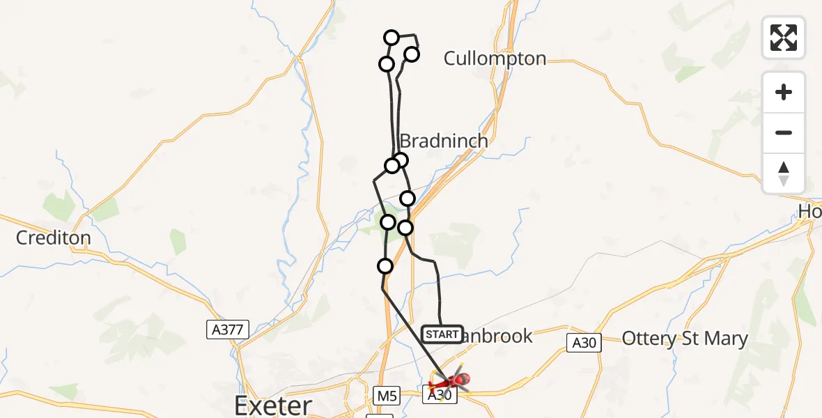 Flight path map showing Air Ambulance Helicopter route from Broadclyst to Exeter International Airport