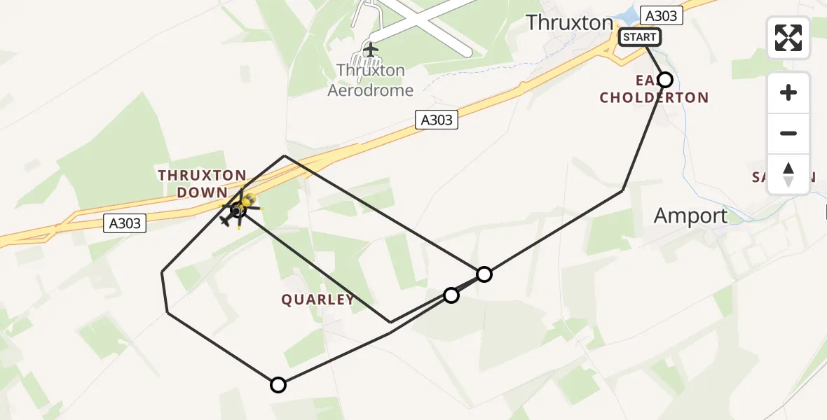 Flight path map showing Police Helicopter route from Thruxton to Test Valley