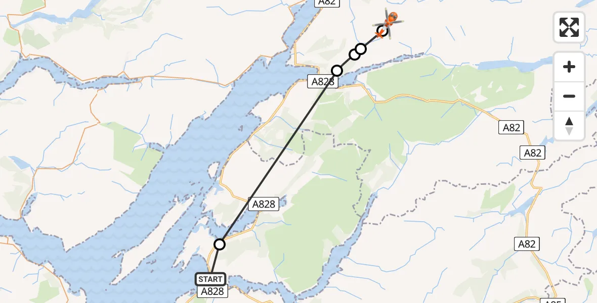 Flight path map showing Coastguard Helicopter route from Oban Airport to Coire an Lochain