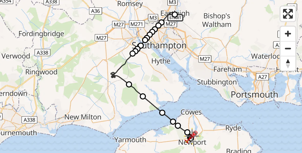Flight path map showing Air Ambulance Helicopter route from Southampton Airport to St Marys Hospital Isle Of Wight