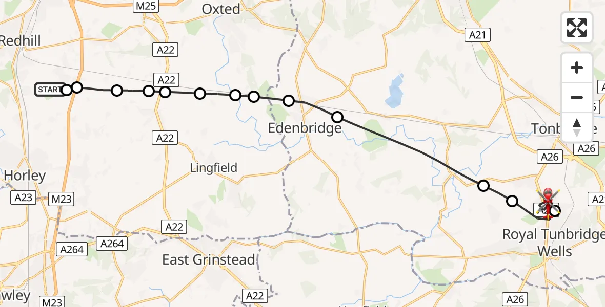 Flight path map showing Air Ambulance Helicopter route from Redhill Aerodrome to Southborough