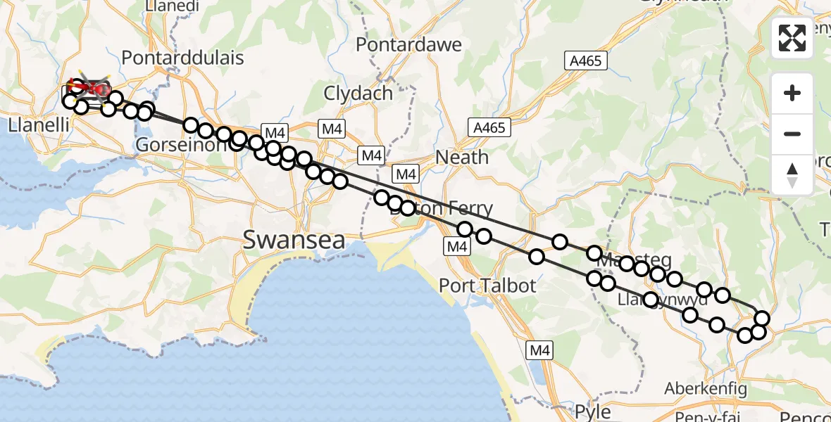 Flight path map showing Air Ambulance Helicopter route from Dafen to Dafen