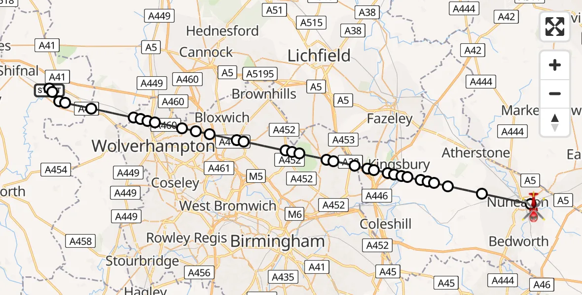 Flight path map showing Air Ambulance Helicopter route from RAF Cosford to Horeston Grange