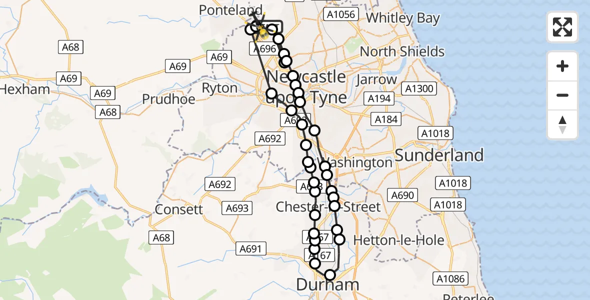 Flight path map showing Police Helicopter route from Newcastle International Airport to Newcastle International Airport