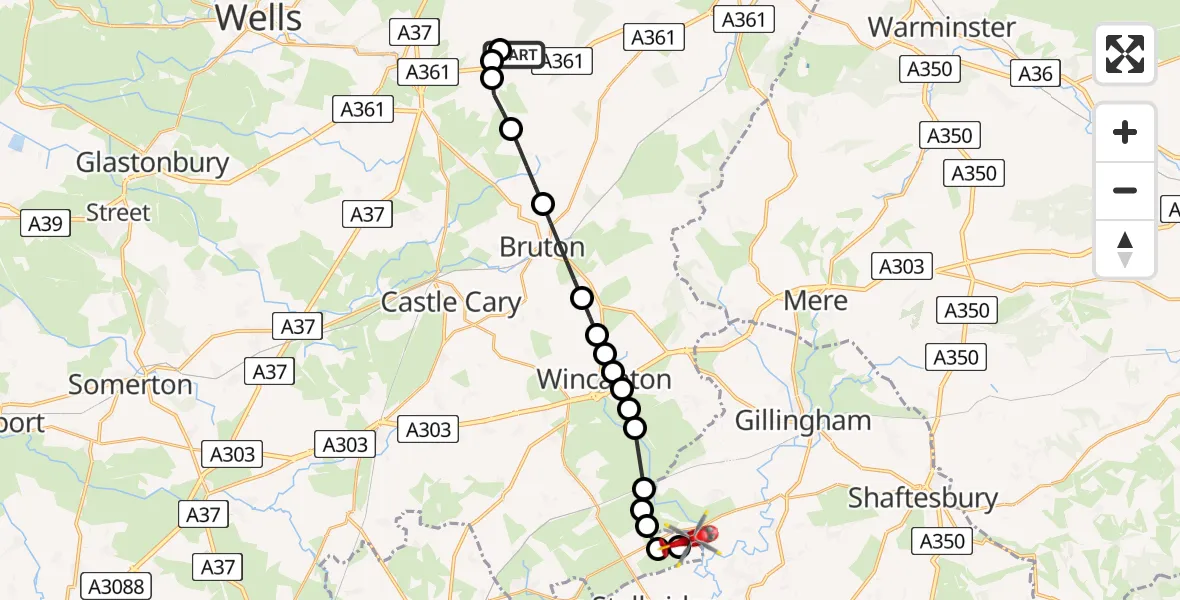 Flight path map showing Air Ambulance Helicopter route from Cranmore to Henstridge Airfield