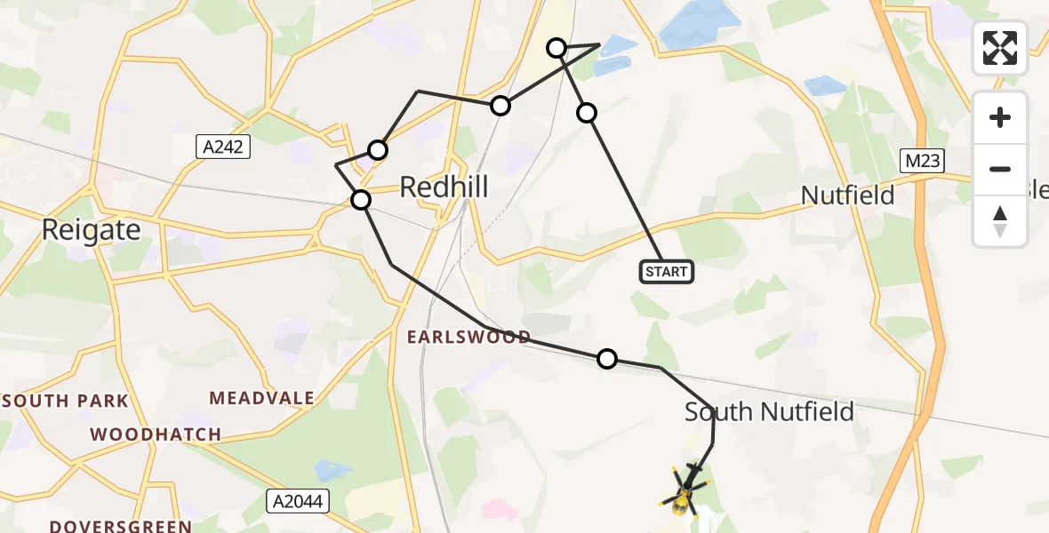 Flight path map showing Police Helicopter route from South Nutfield to Tandridge