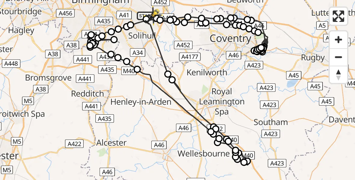 Flight path map showing Police Helicopter route from Birmingham Airport to Solihull
