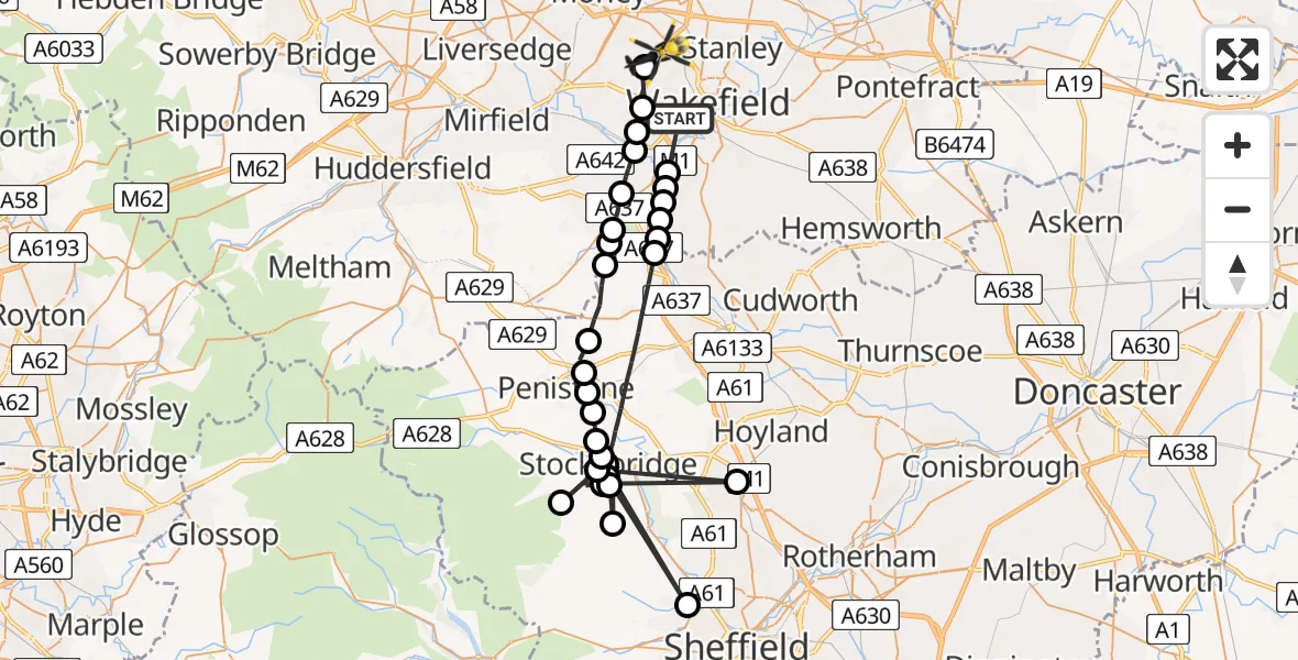 Flight path map showing Police Helicopter route from Lupset to Wrenthorpe