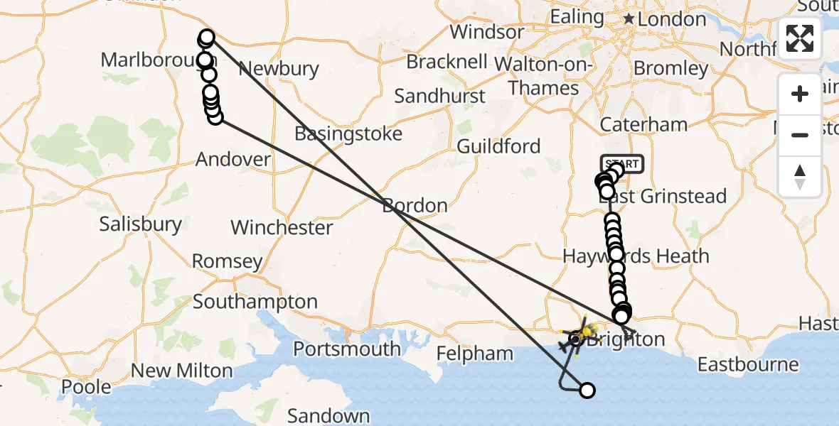Flight path map showing Police Helicopter route from Salfords to Shoreham-by-Sea