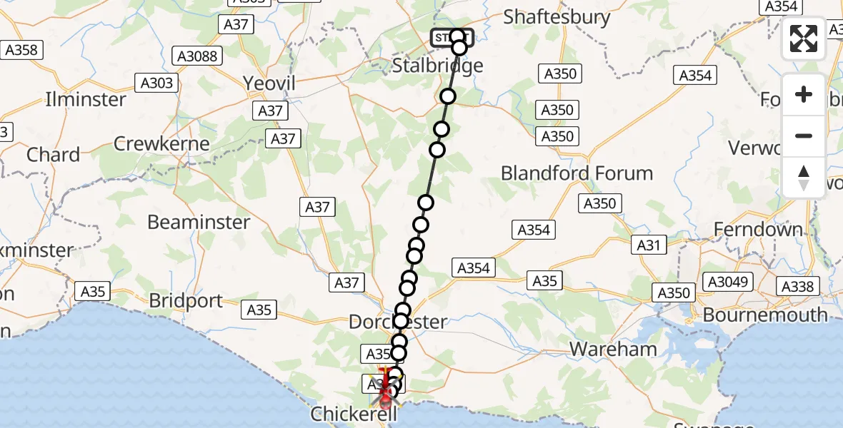 Flight path map showing Air Ambulance Helicopter route from Henstridge Airfield to Weymouth