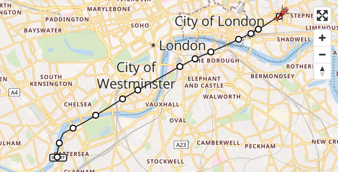 Flight path map showing Air Ambulance Helicopter route from London Heliport to Royal London Hospital
