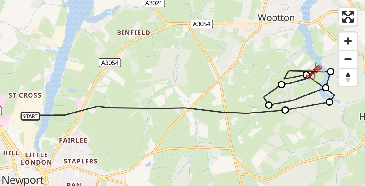 Flight path map showing Air Ambulance Helicopter route from Newport to Wootton Bridge
