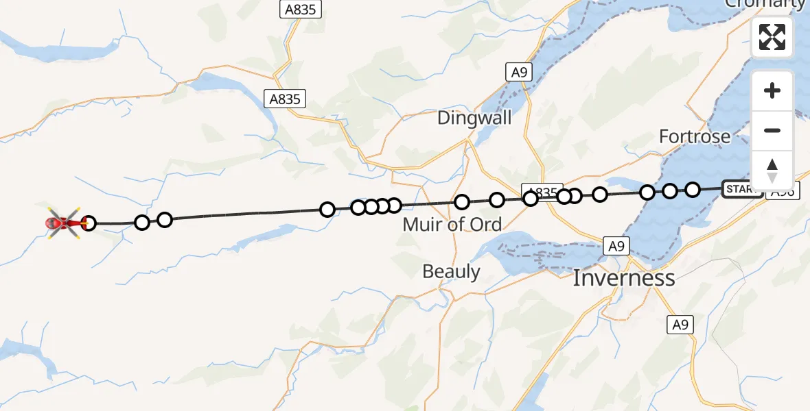Flight path map showing Air Ambulance Helicopter route from Dalcross Heliport to Meall Buidhe