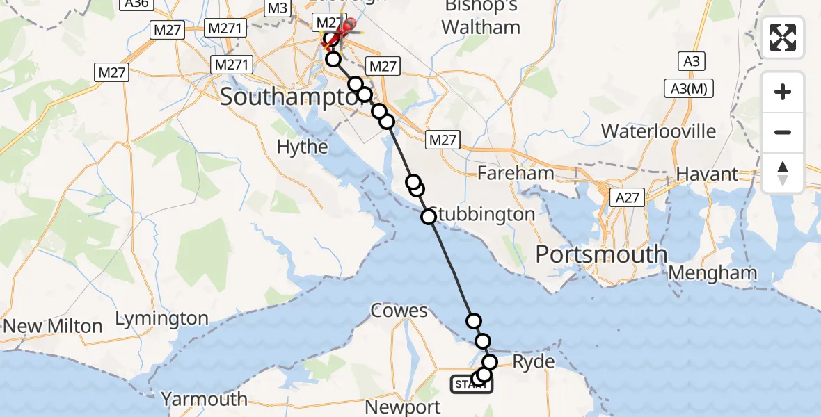 Flight path map showing Air Ambulance Helicopter route from Wootton Bridge to Southampton Airport