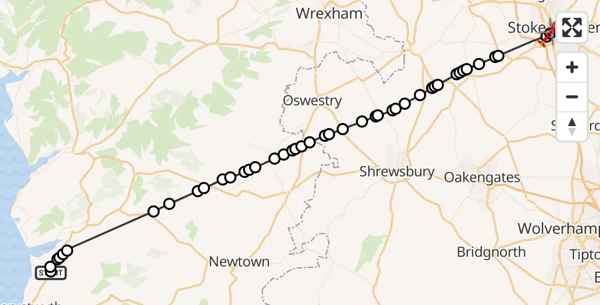 Flight path map showing Air Ambulance Helicopter route from Tre Taliesin to University Hospital North Staffs