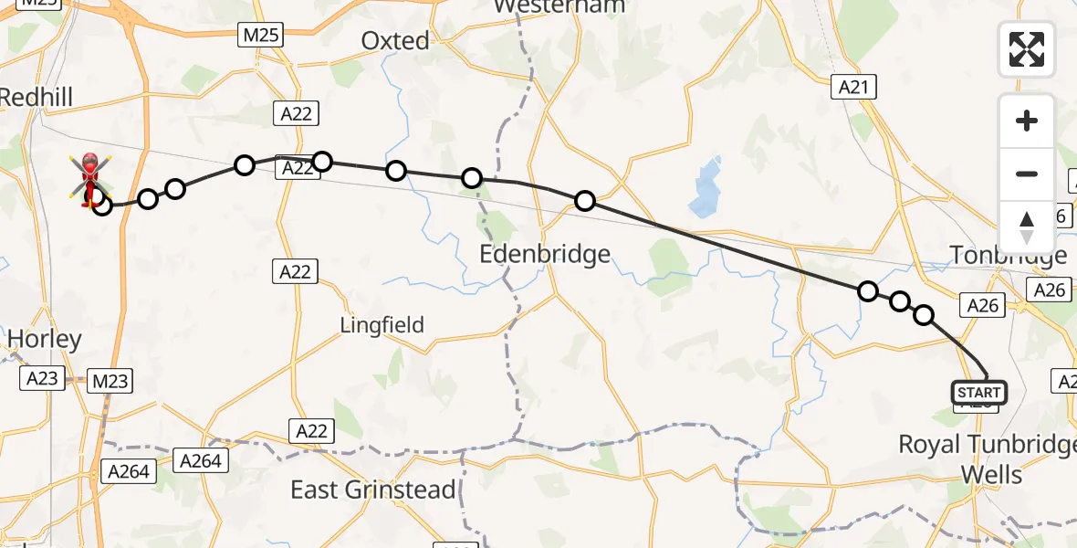 Flight path map showing Air Ambulance Helicopter route from Southborough to Redhill Aerodrome