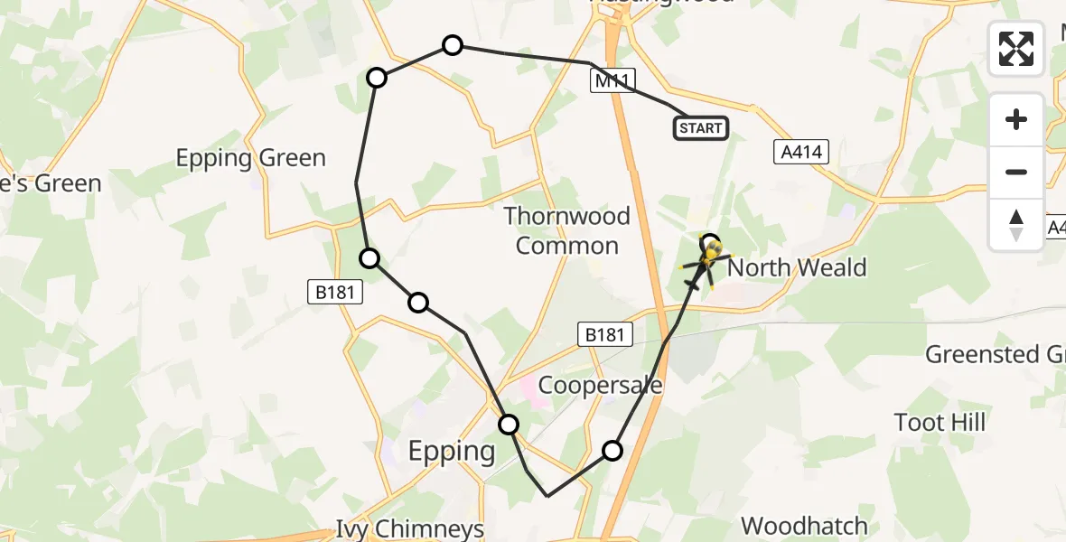 Flight path map showing Police Helicopter route from North Weald Bassett to North Weald Airfield