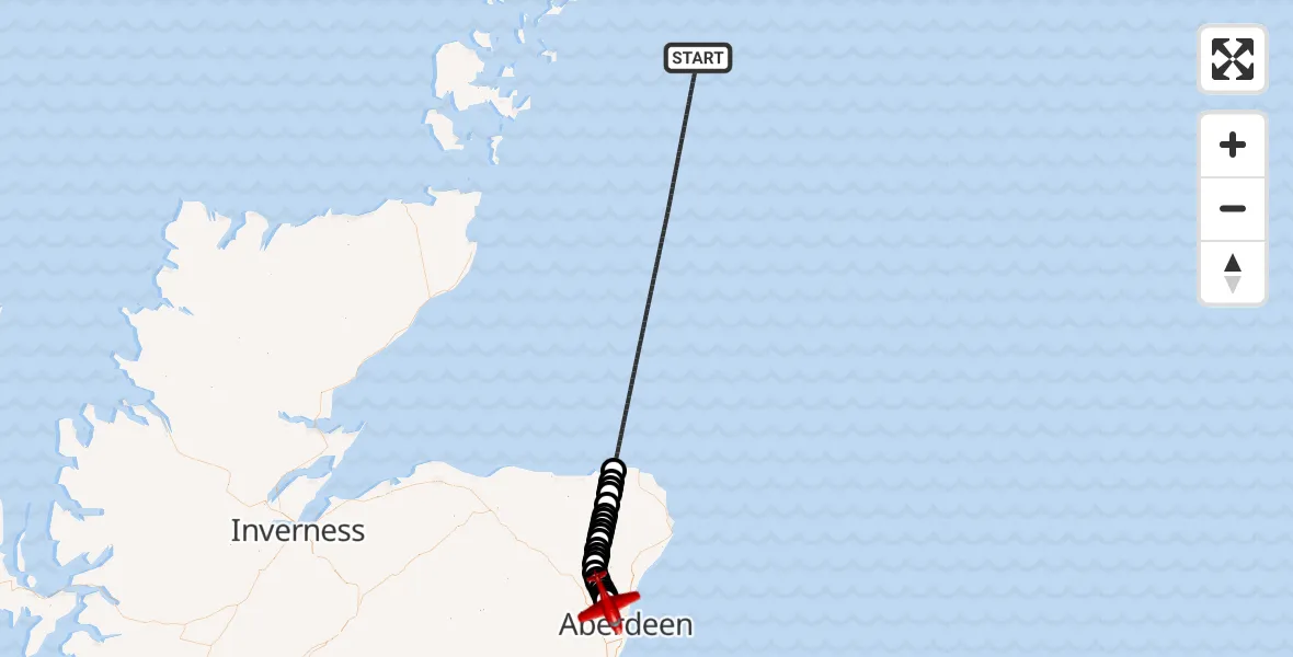 Flight path map showing Air Ambulance Aircraft route from North Sea to Dyce and Stoneywood