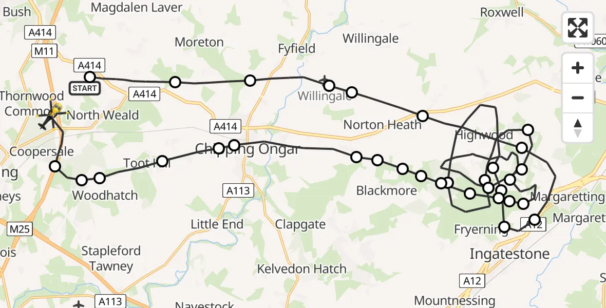 Flight path map showing Police Helicopter route from North Weald Airfield to North Weald Bassett