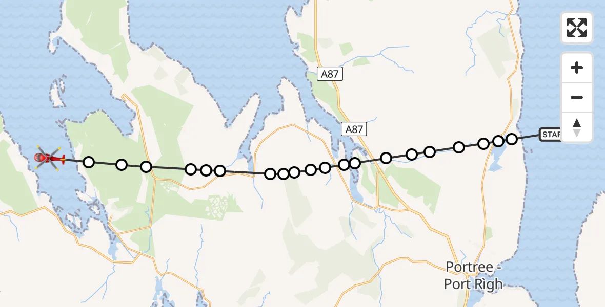 Flight path map showing Air Ambulance Helicopter route from Inner Seas to Dunvegan - Dùn Bheagain