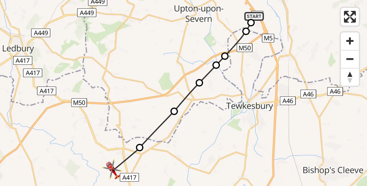 Flight path map showing Air Ambulance Helicopter route from Upper Strensham to Staunton
