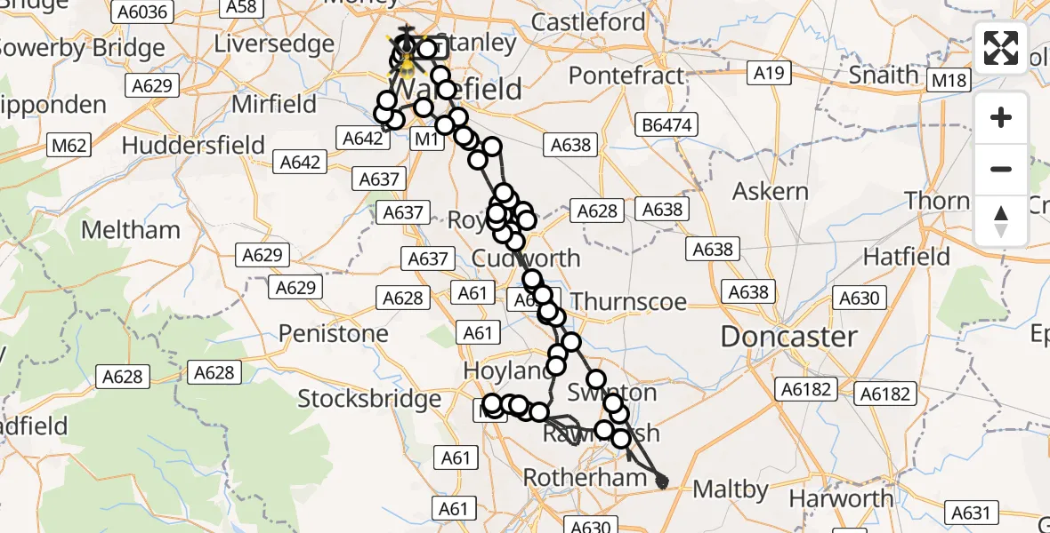 Flight path map showing Police Helicopter route from Brandy Carr to Woodkirk
