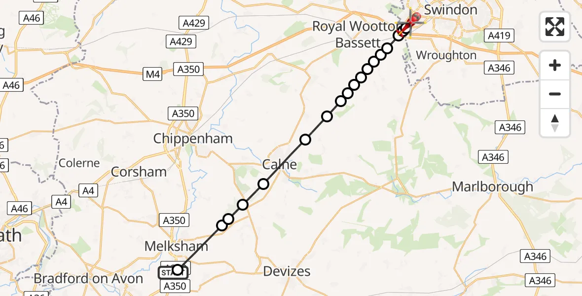 Flight path map showing Air Ambulance Helicopter route from Wiltshire Air Ambulance to West Swindon