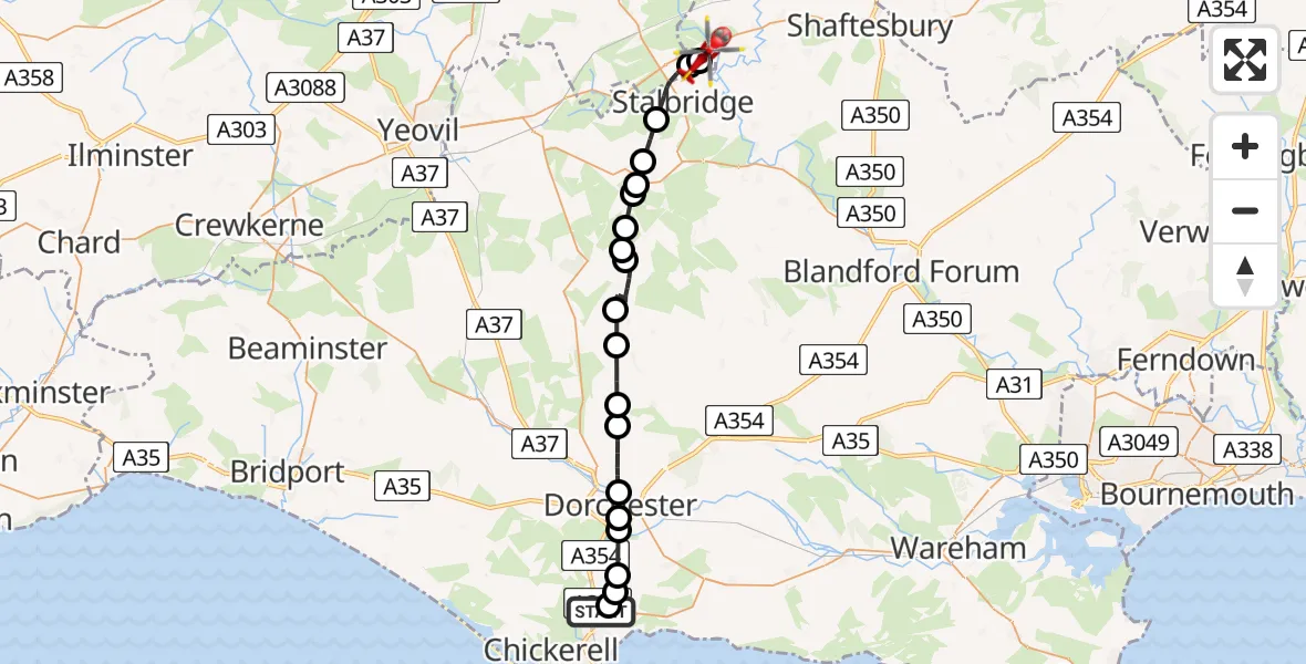 Flight path map showing Air Ambulance Helicopter route from Weymouth to Henstridge Airfield