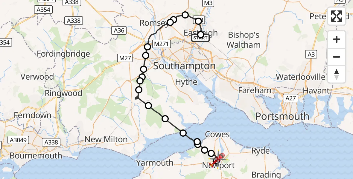 Flight path map showing Air Ambulance Helicopter route from Southampton Airport to St Marys Hospital Isle Of Wight