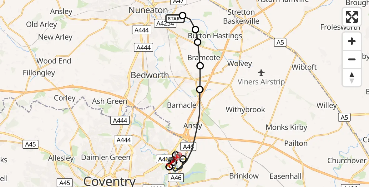 Flight path map showing Air Ambulance Helicopter route from Horeston Grange to University Hospital Coventry