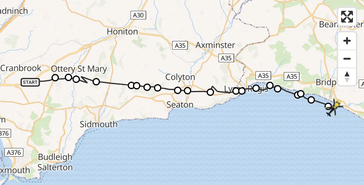 Flight path map showing Police Helicopter route from Rockbeare to Bridport