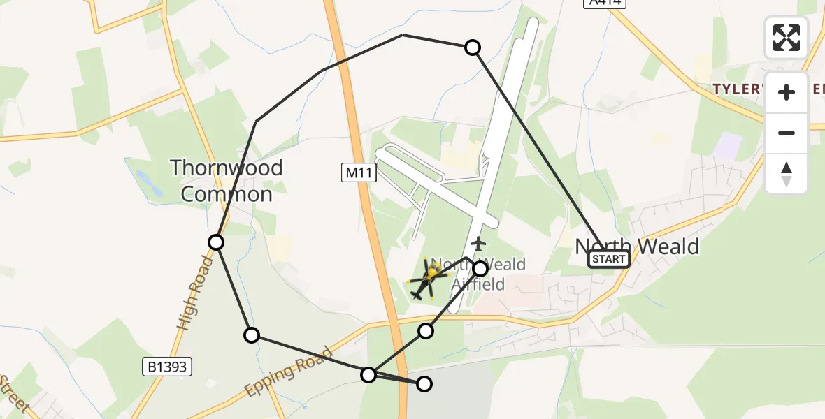 Flight path map showing Police Helicopter route from North Weald Airfield to North Weald Airfield