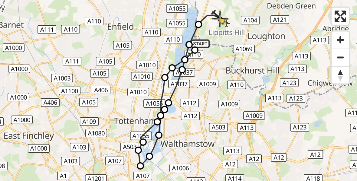 Flight path map showing Police Helicopter route from Chingford to Sewardstonebury