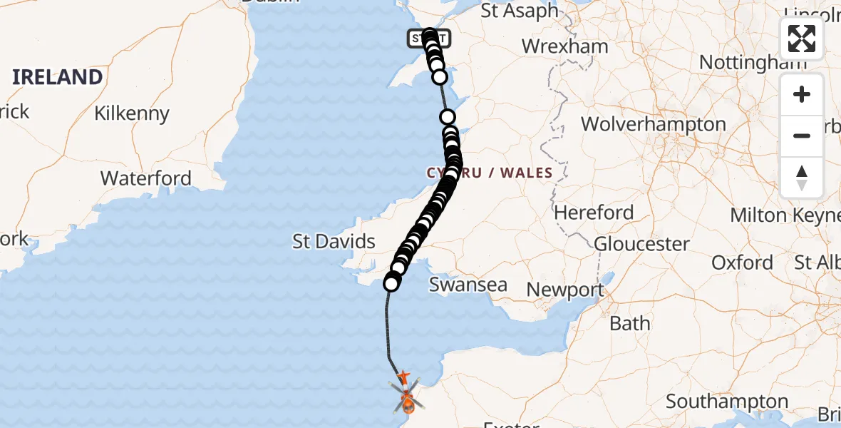 Flight path map showing Coastguard Helicopter route from Caernarfon Airport to Bristol Channel