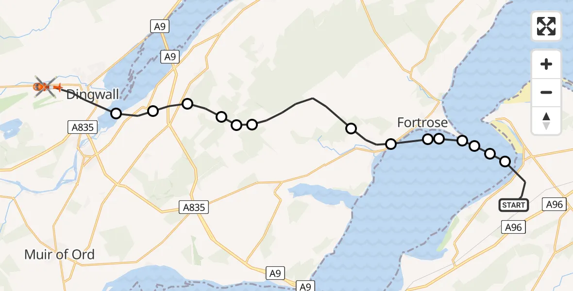 Flight path map showing Coastguard Helicopter route from Inverness Airport to Dingwall