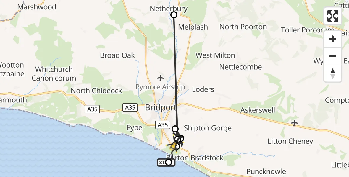 Flight path map showing Police Helicopter route from Eype to Burton Bradstock