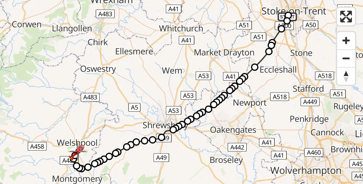 Flight path map showing Air Ambulance Helicopter route from University Hospital North Staffs to Welshpool Airport