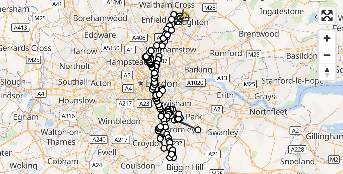 Flight path map showing Police Helicopter route from Metropolitan Police Air Support Unit Lippitts Hill to Sewardstonebury