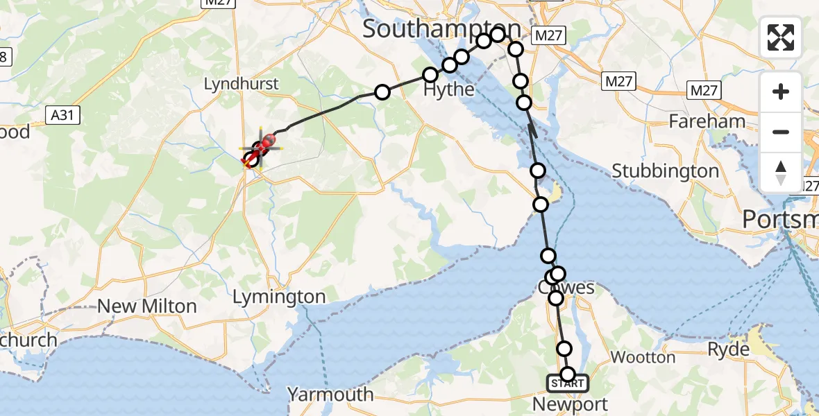Flight path map showing Air Ambulance Helicopter route from St Marys Hospital Isle Of Wight to New Forest