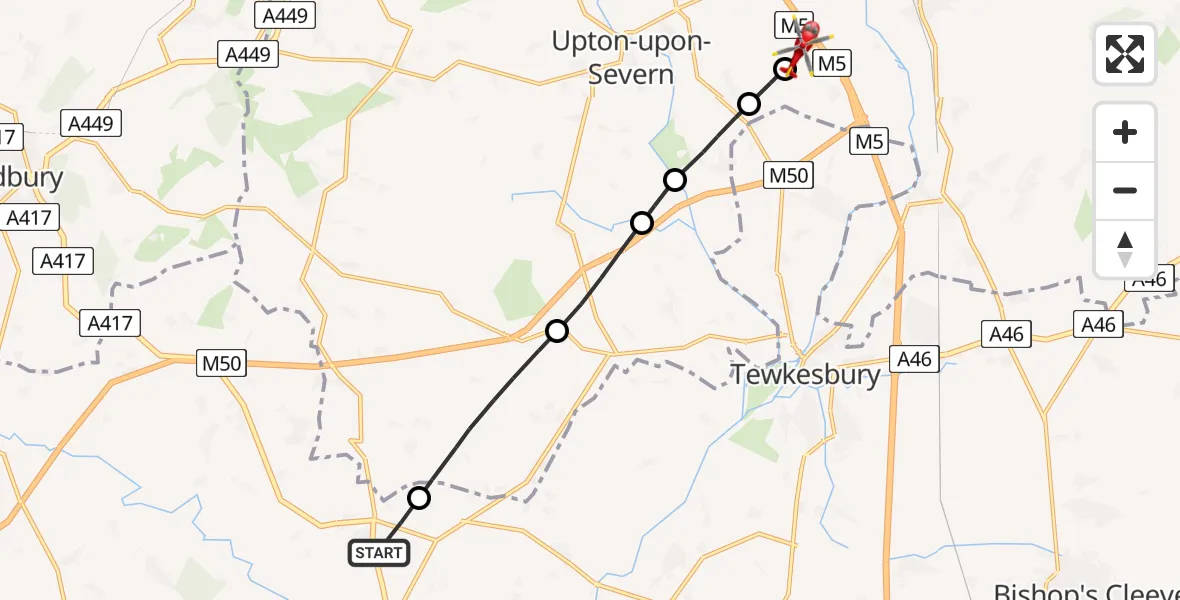 Flight path map showing Air Ambulance Helicopter route from Corse to Upper Strensham