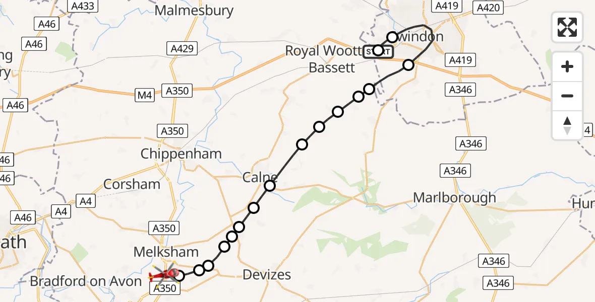 Flight path map showing Air Ambulance Helicopter route from Freshbrook to Wiltshire Air Ambulance