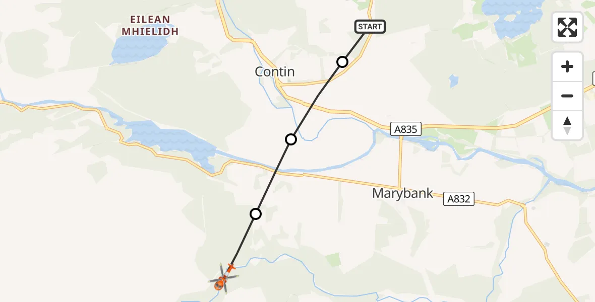 Flight path map showing Coastguard Helicopter route from Strathpeffer to Fairburn