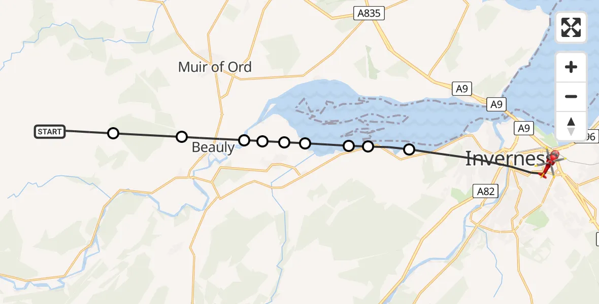 Flight path map showing Air Ambulance Helicopter route from Highland to Inverness